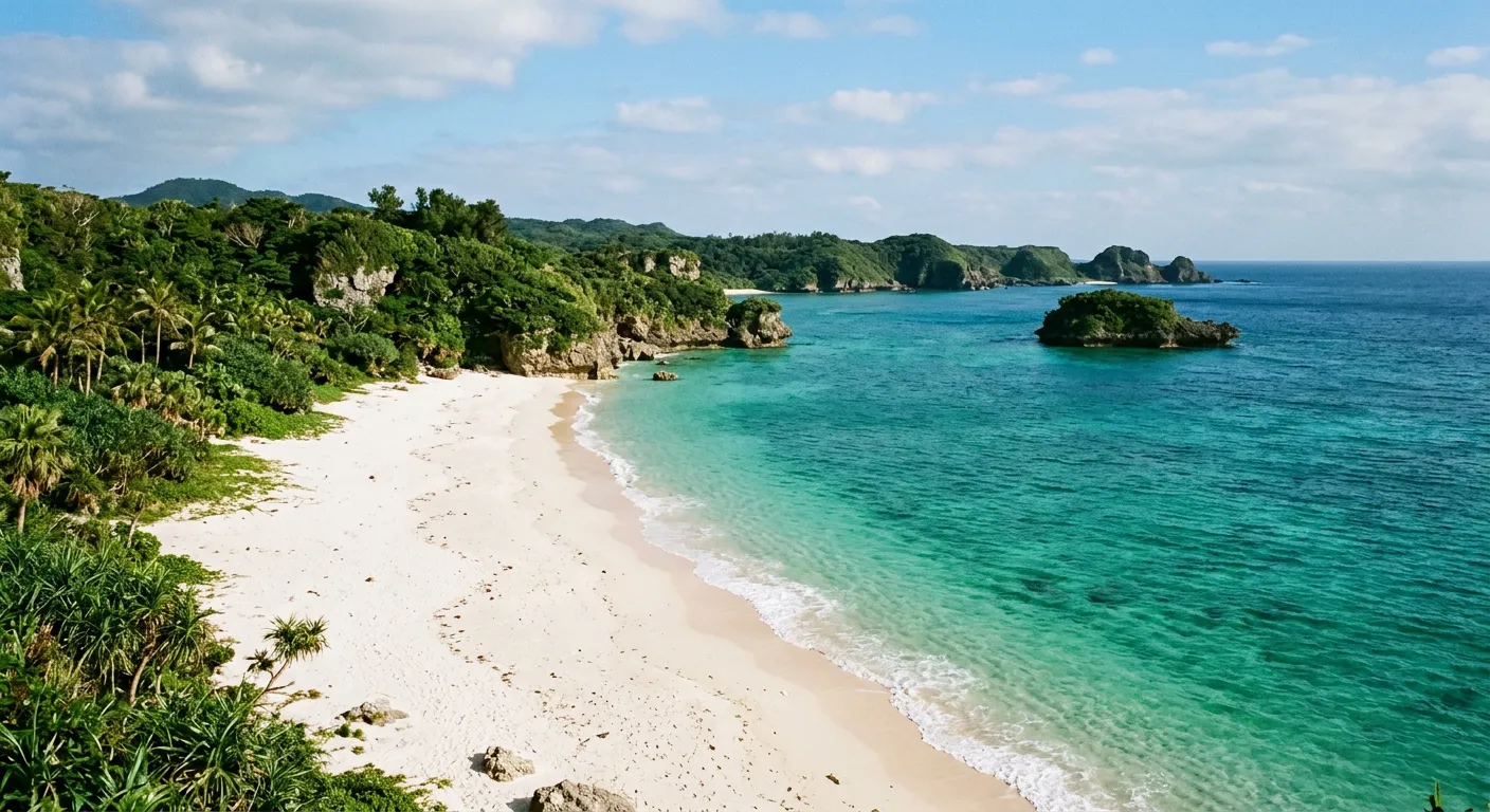 Costa de Okinawa con mar esmeralda, playa blanca y vegetación subtropical