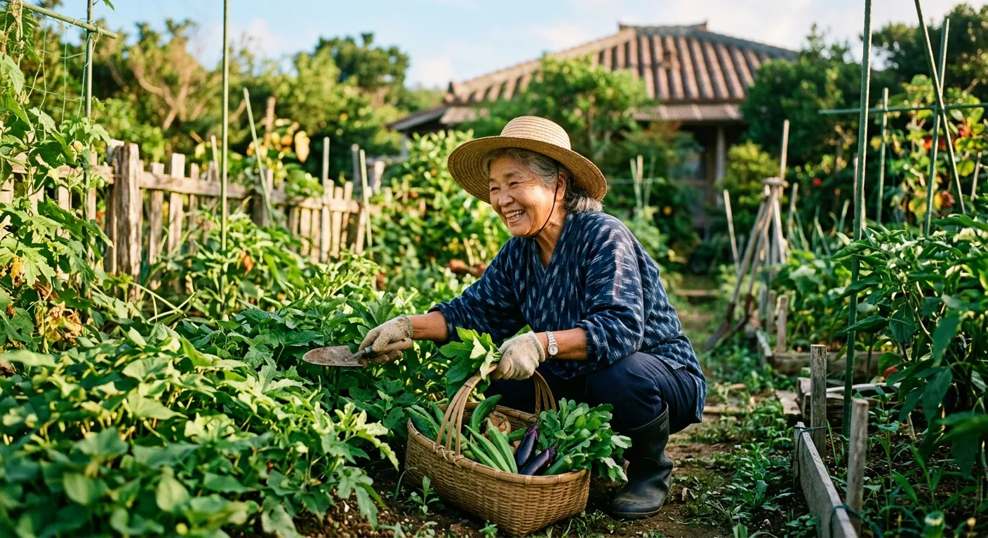 Anciana okinawense cosechando verduras en su huerto con sonrisa cálida