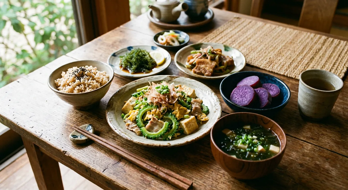 Comida tradicional de Okinawa con goya champuru, tofu y boniato morado