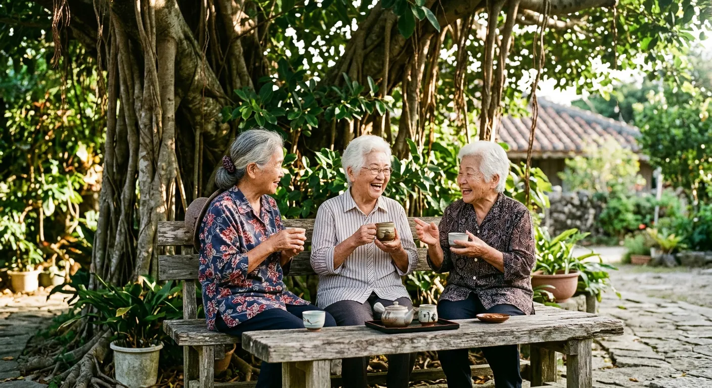 Ancianas okinawenses tomando té y charlando bajo la sombra de un baniano