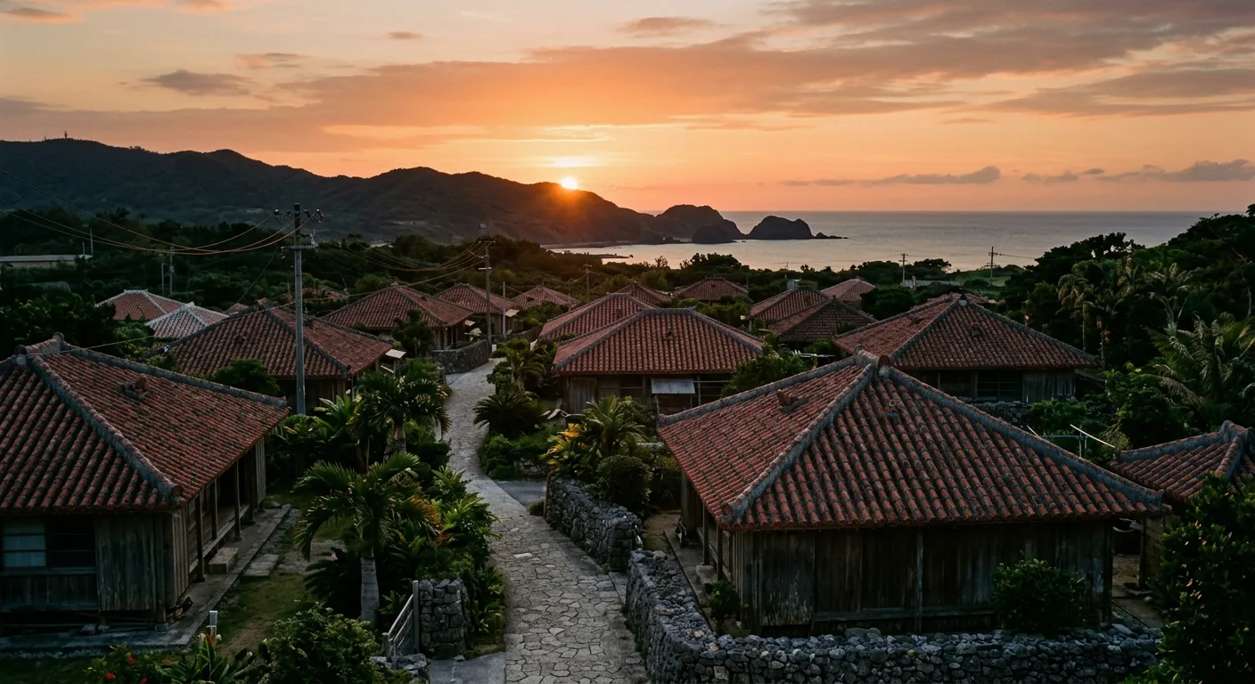 Atardecer en Okinawa con techos rojos tradicionales y sol poniéndose