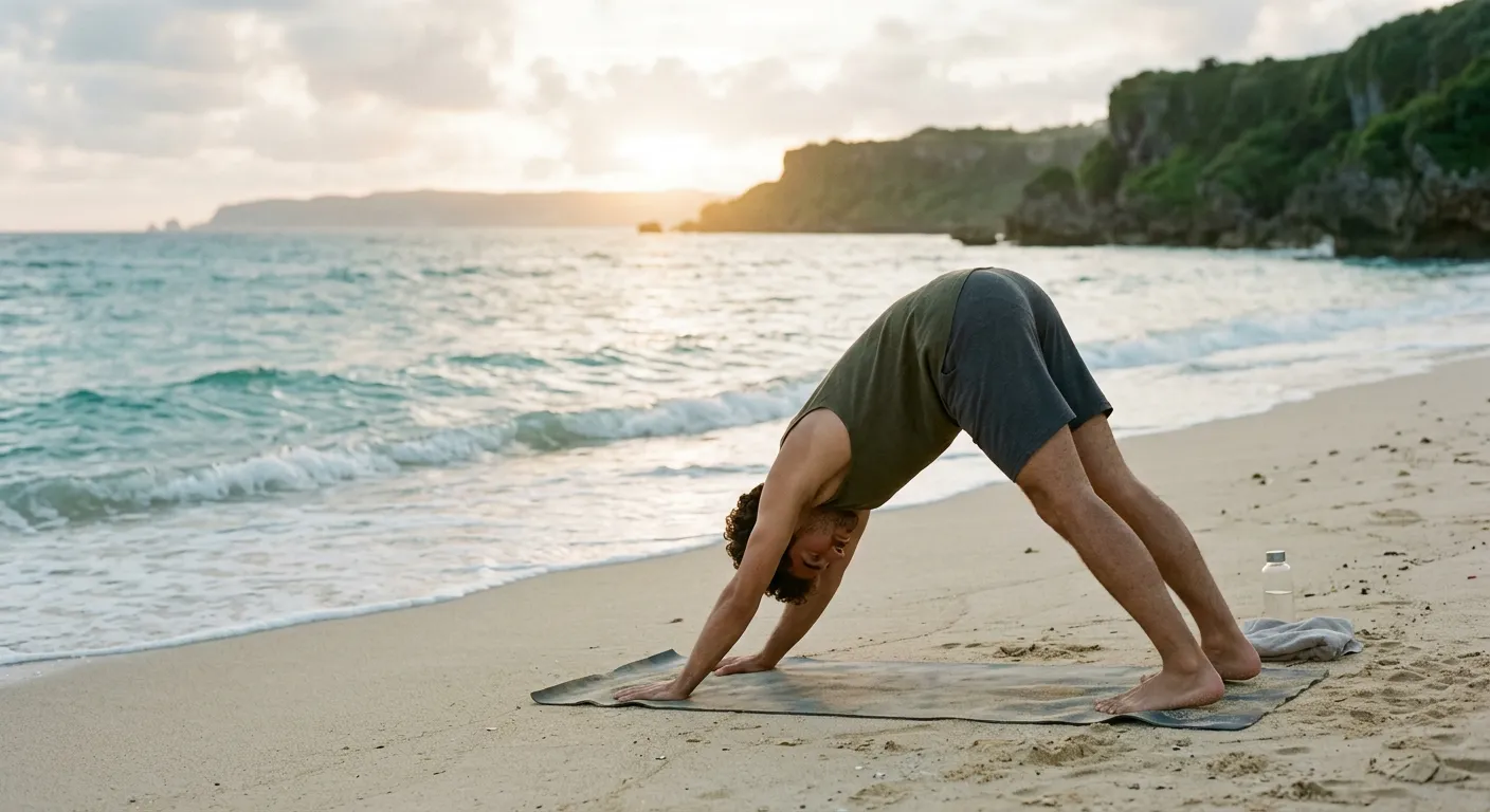 Joven castellano haciendo yoga matutino en playa de Okinawa