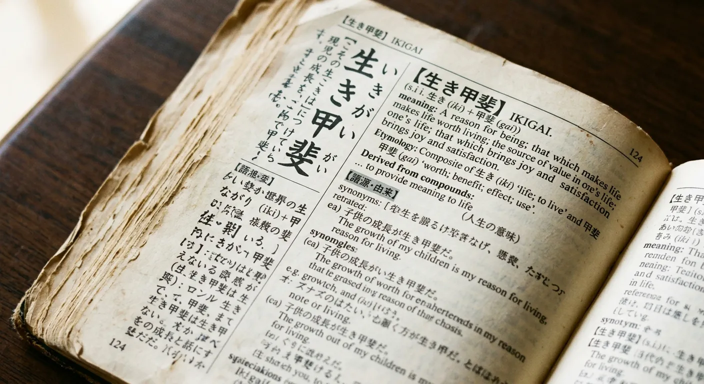 Página de diccionario japonés antiguo mostrando la entrada de ikigai