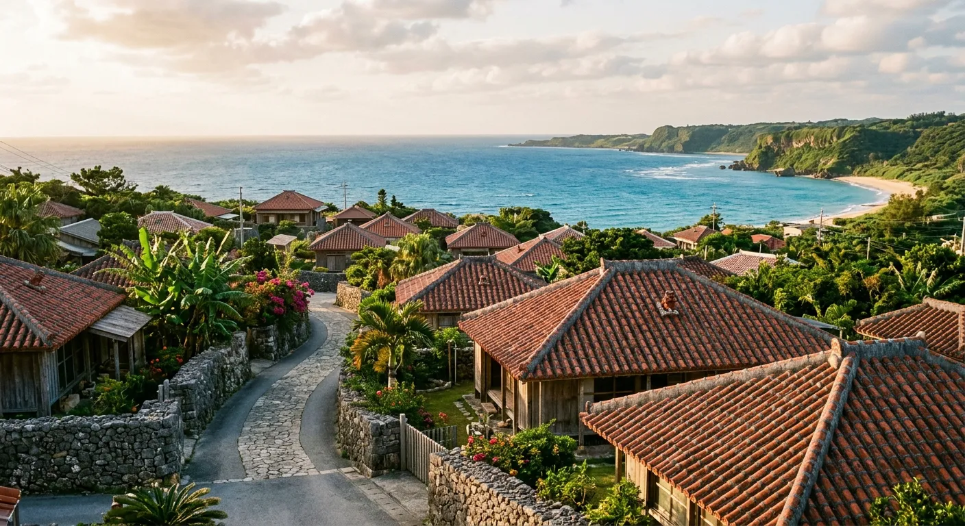 Villa costera de Okinawa con techos rojos tradicionales y océano azul