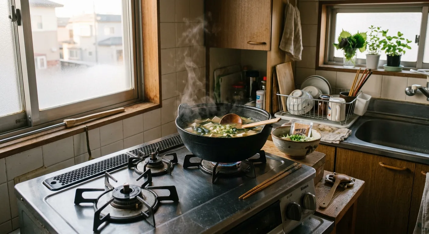 Cocina japonesa por la mañana con olla de sopa miso preparándose