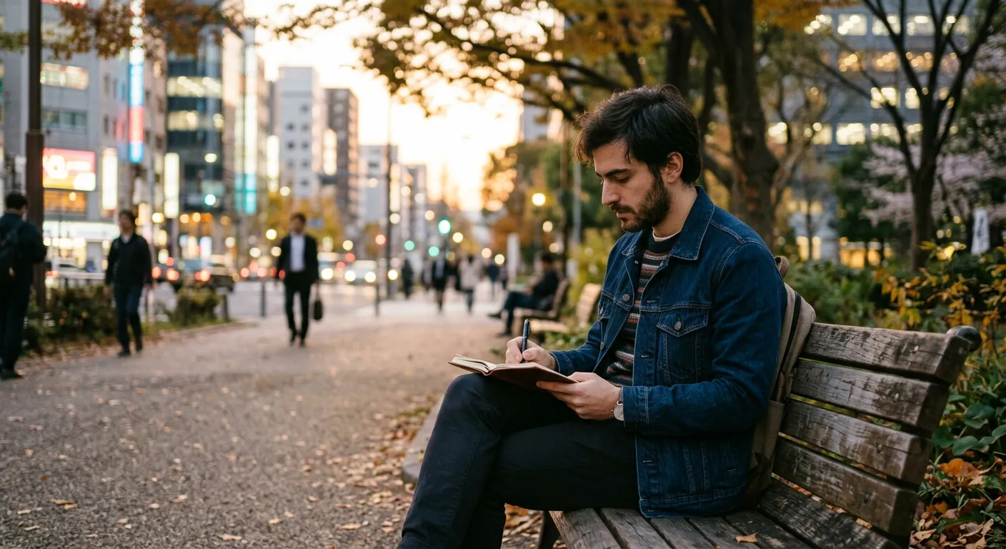 Joven castellano escribiendo en cuaderno en banco de parque de Tokio al atardecer