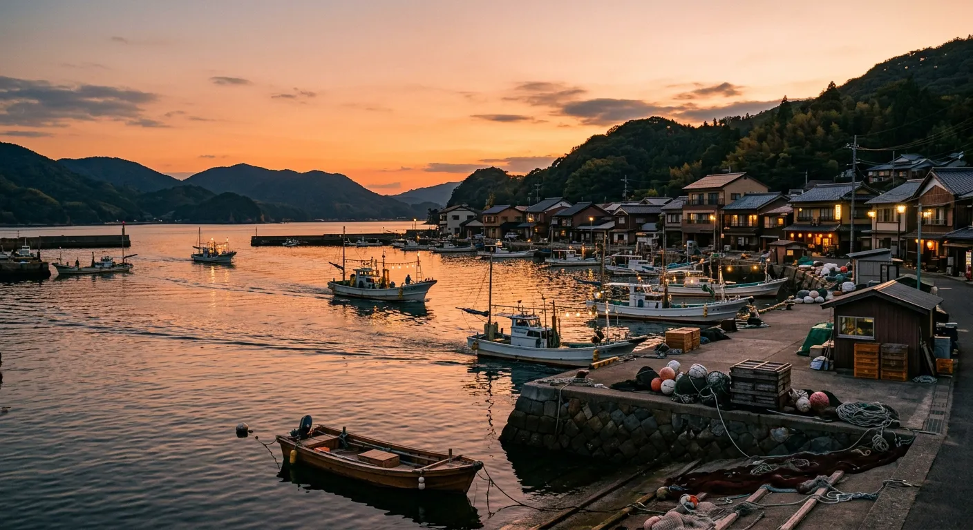 Pequeño puerto pesquero japonés al atardecer con barcos regresando