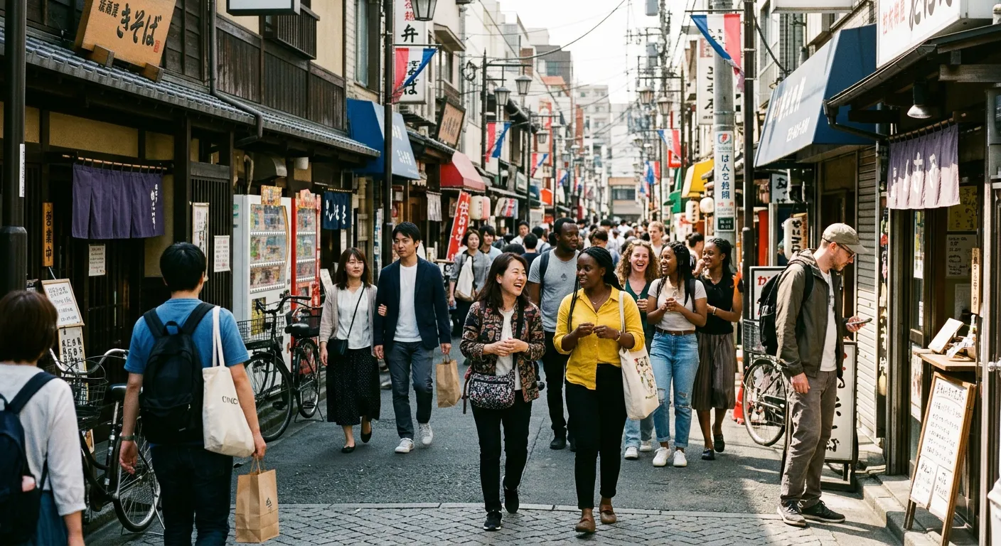 Una calle japonesa donde conviven personas de muchas nacionalidades