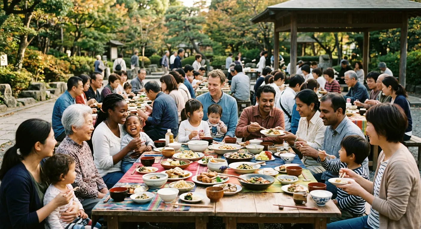 Una comunidad multicultural comparte una comida juntos en Japon