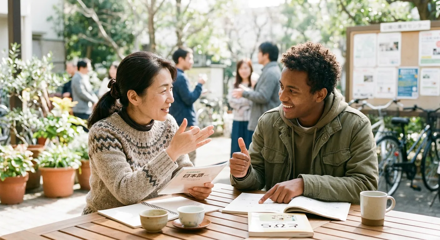 Un japones y un residente extranjero se comunican con paciencia y calidez