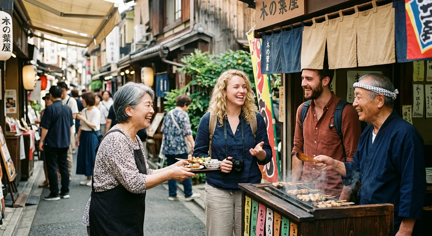 Turistas extranjeros y locales japoneses interactuan en un puesto callejero