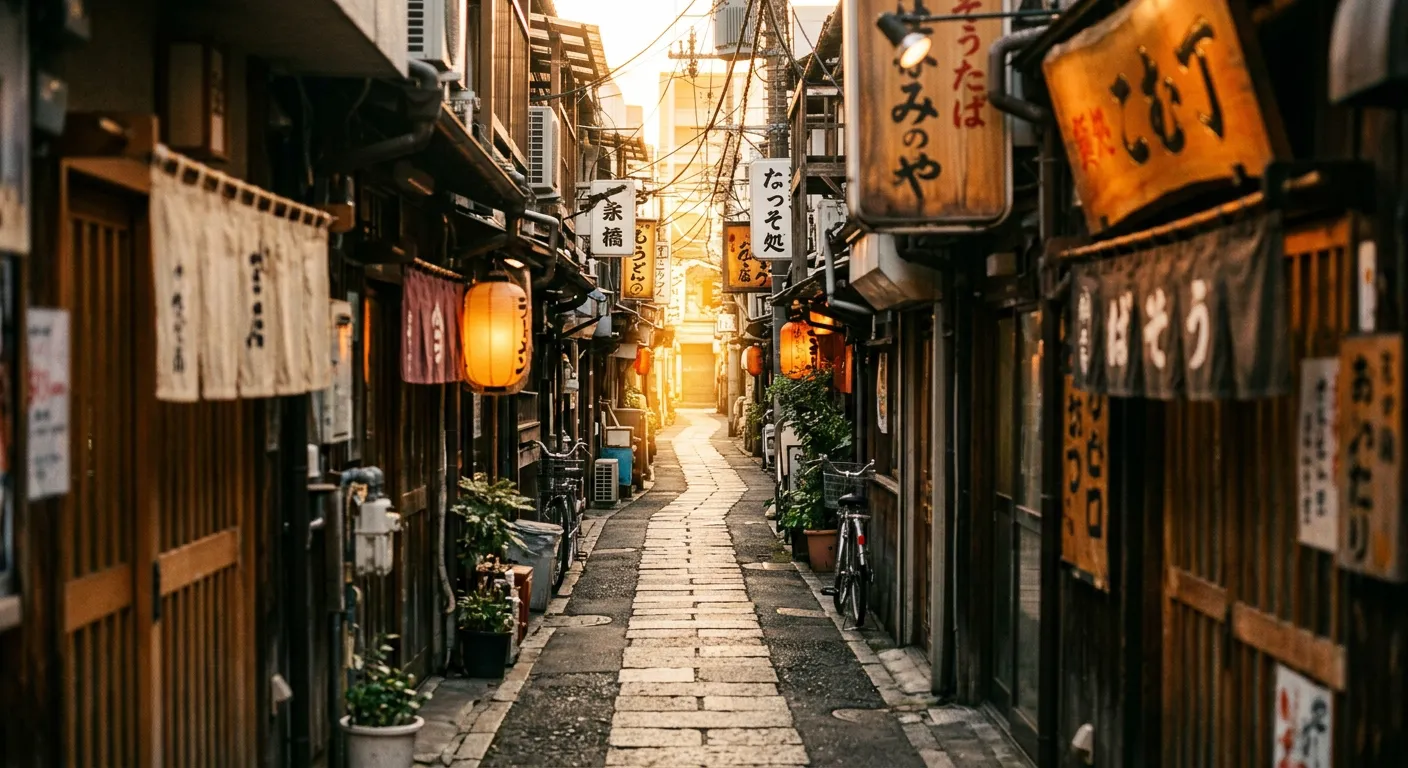 Callejón de Tokio al atardecer con luz cálida al fondo