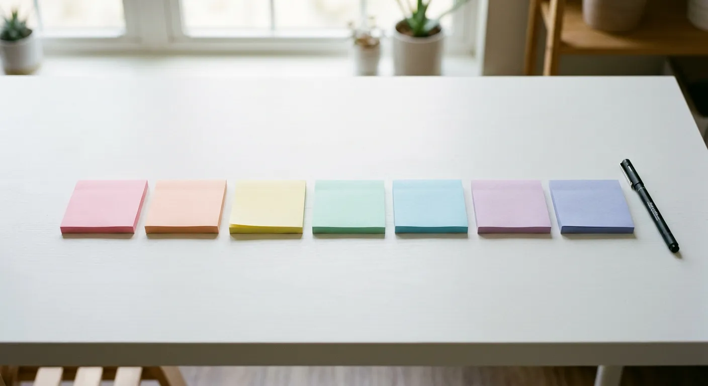 Siete notas adhesivas de colores pastel alineadas en un escritorio blanco