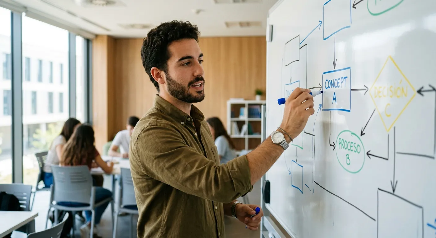 Joven castellano dibujando diagramas en una pizarra blanca con marcadores de colores