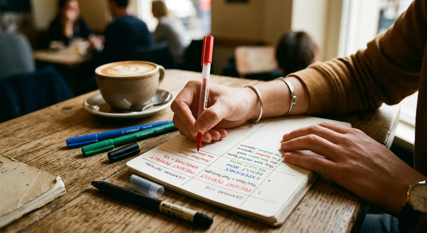 Manos organizando patrones gramaticales con marcadores de colores en un cuaderno