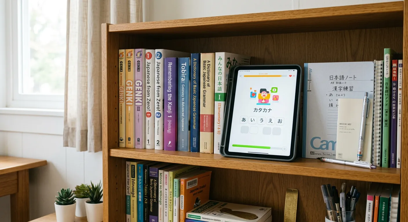 Estantería luminosa con libros de japonés y tablet mostrando app de aprendizaje