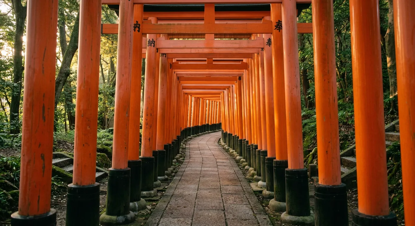 Puertas torii del santuario Fushimi Inari al amanecer con luz dorada