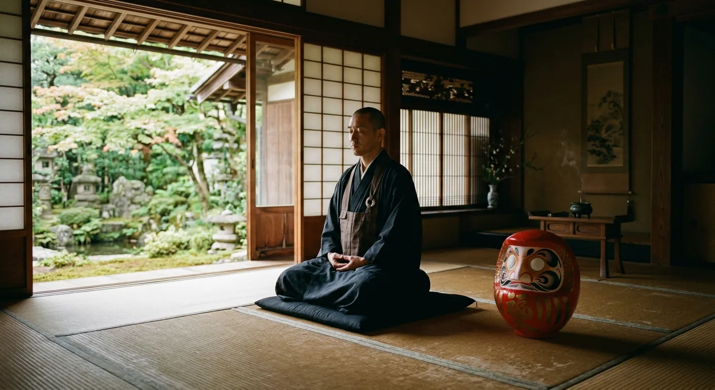 Una sala de meditacion zen japonesa con un daruma tradicional