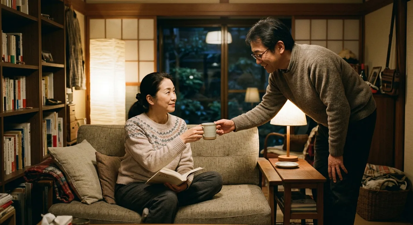 Una pareja o familia japonesa se comprende en casa sin hablar