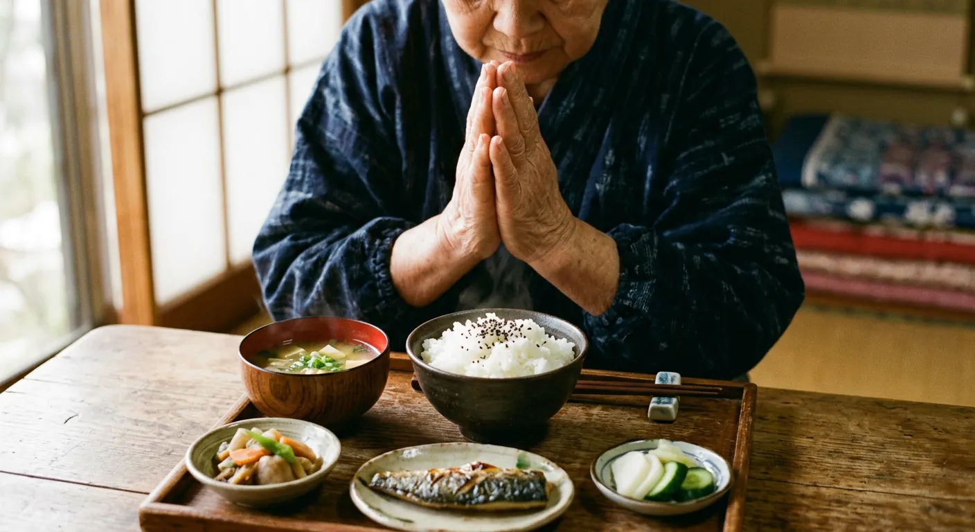Las manos de una persona japonesa juntas en agradecimiento sobre la comida