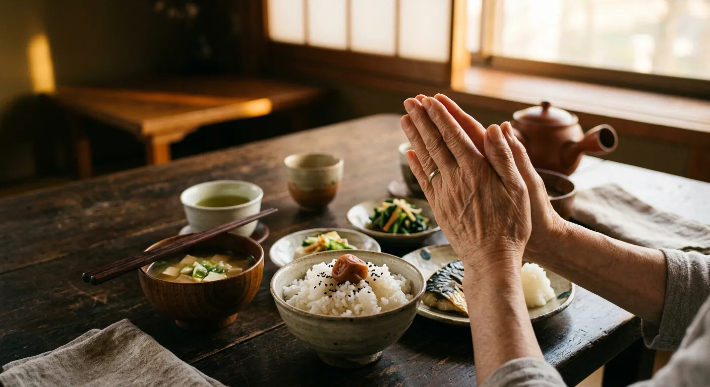 Unas manos agradecen sobre una comida japonesa bajo una luz dorada