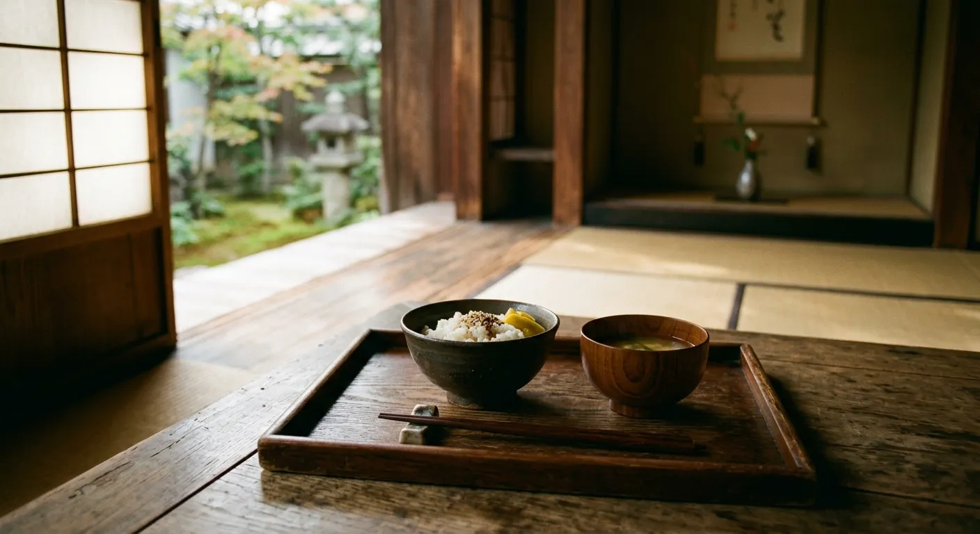 Un templo japones tradicional con un cuenco humilde, las raices budistas