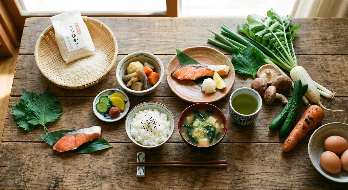 Vista cenital de una comida japonesa rodeada de ingredientes frescos