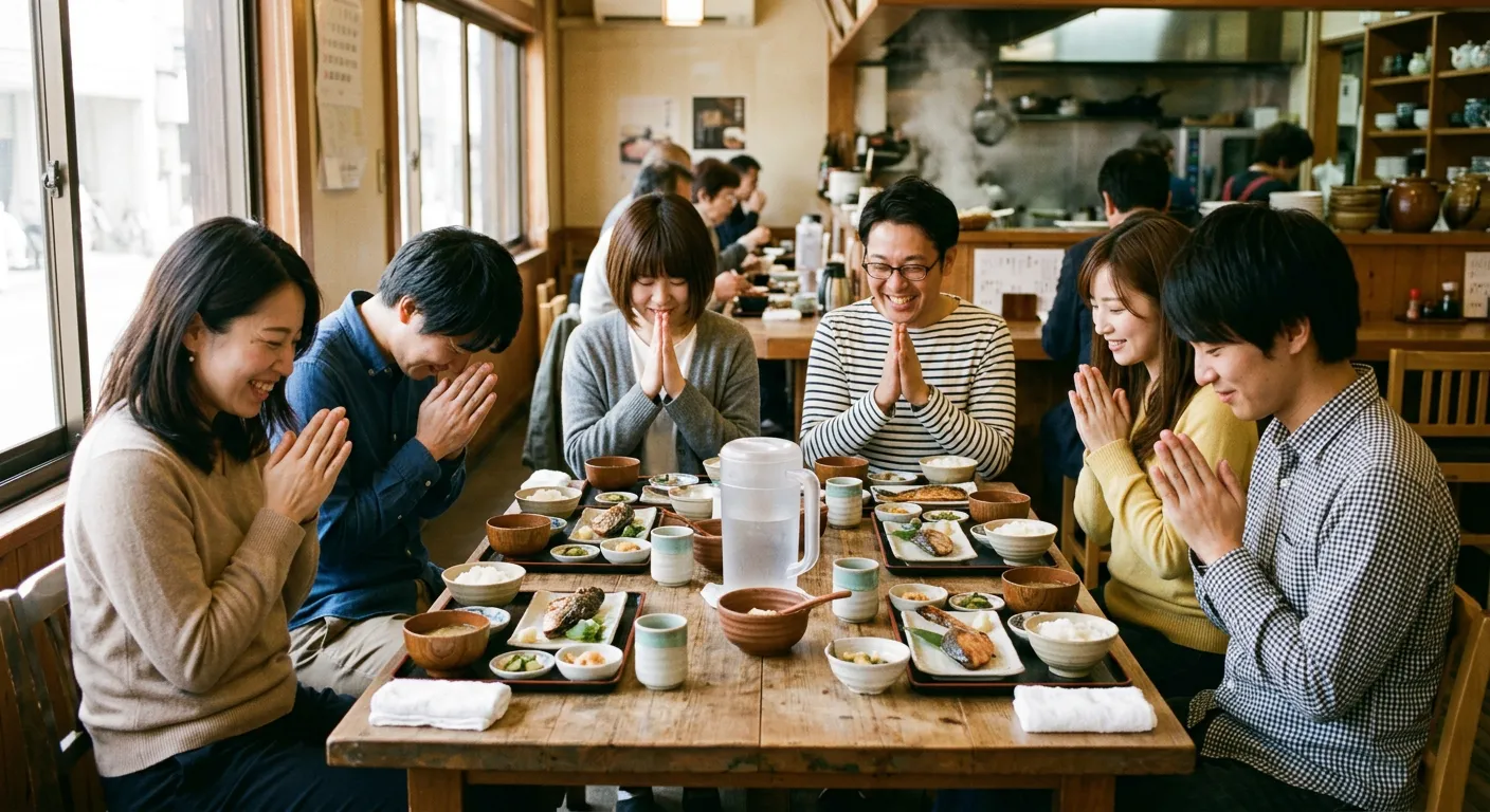 Companeros japoneses dicen itadakimasu juntos antes de comer