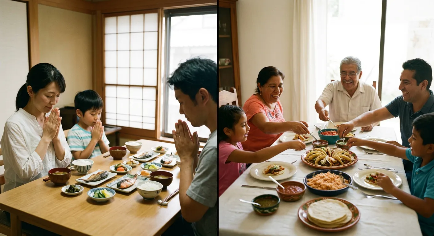Contraste entre una mesa japonesa y una hispana al empezar a comer