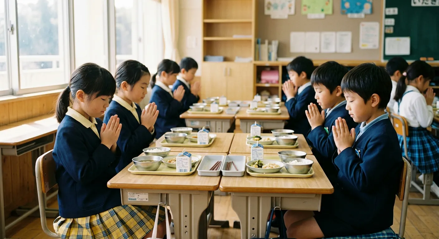 Ninos japoneses juntan las manos para decir itadakimasu antes del almuerzo