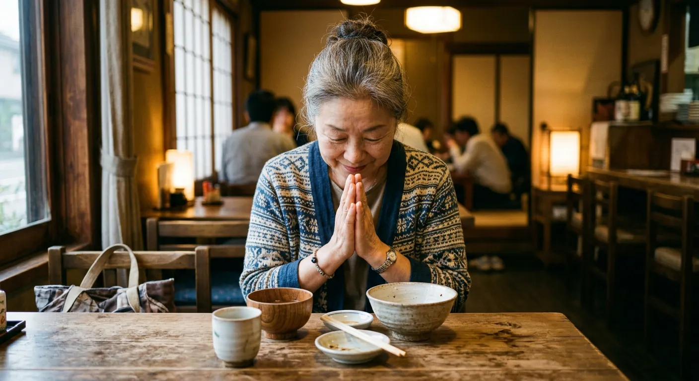 Una persona japonesa agradece con las manos juntas al terminar de comer