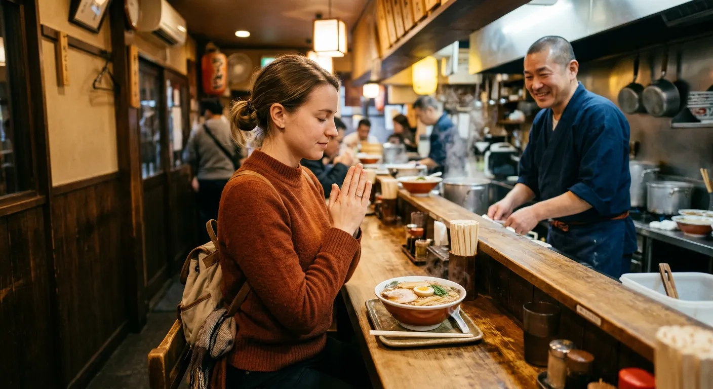 Un viajero extranjero dice itadakimasu antes de un ramen en un local japones