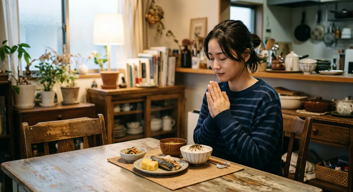 Un joven japones come solo pero aun junta las manos para decir itadakimasu