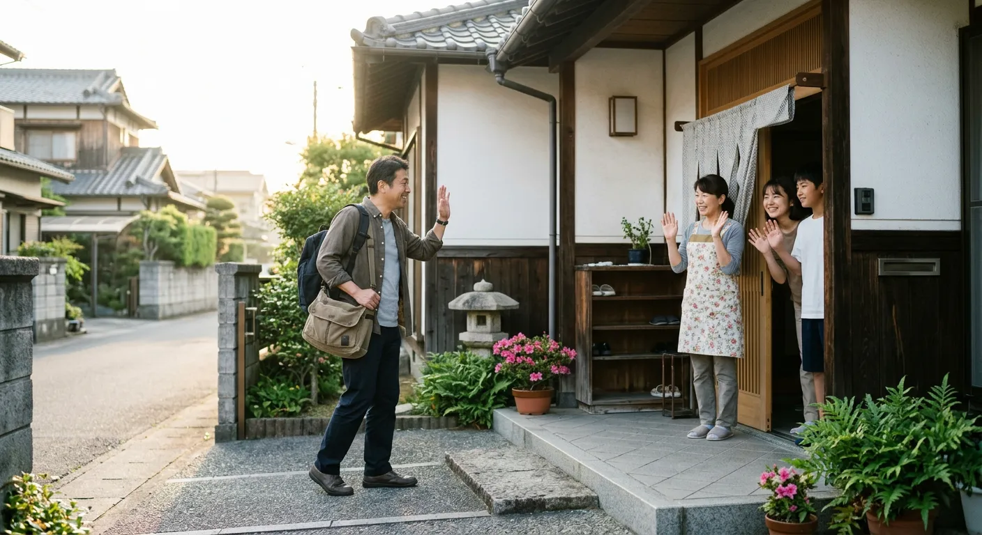 Una persona japonesa sale de casa mientras su familia la despide