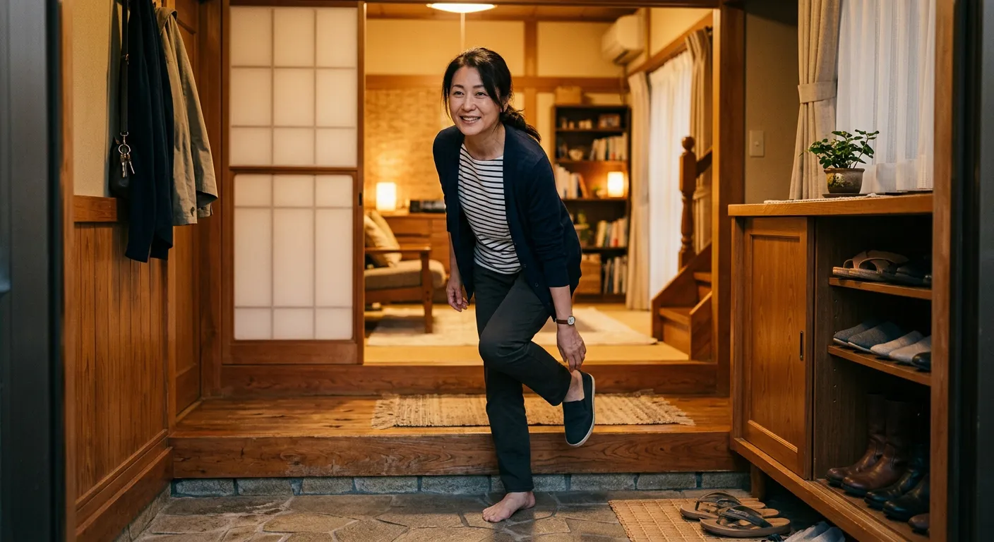 Una persona japonesa vuelve a casa y entra por el genkan