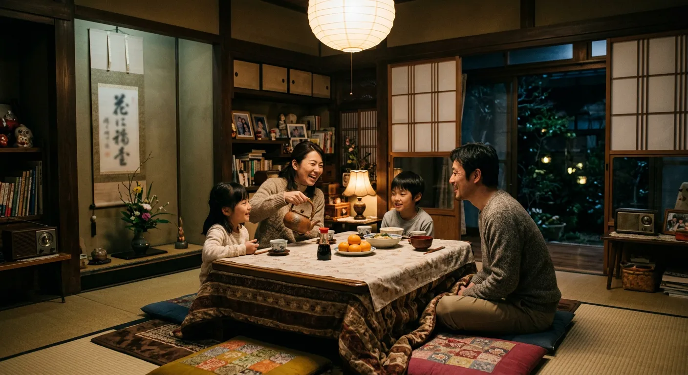 Un salon japones acogedor con una familia reunida por la tarde