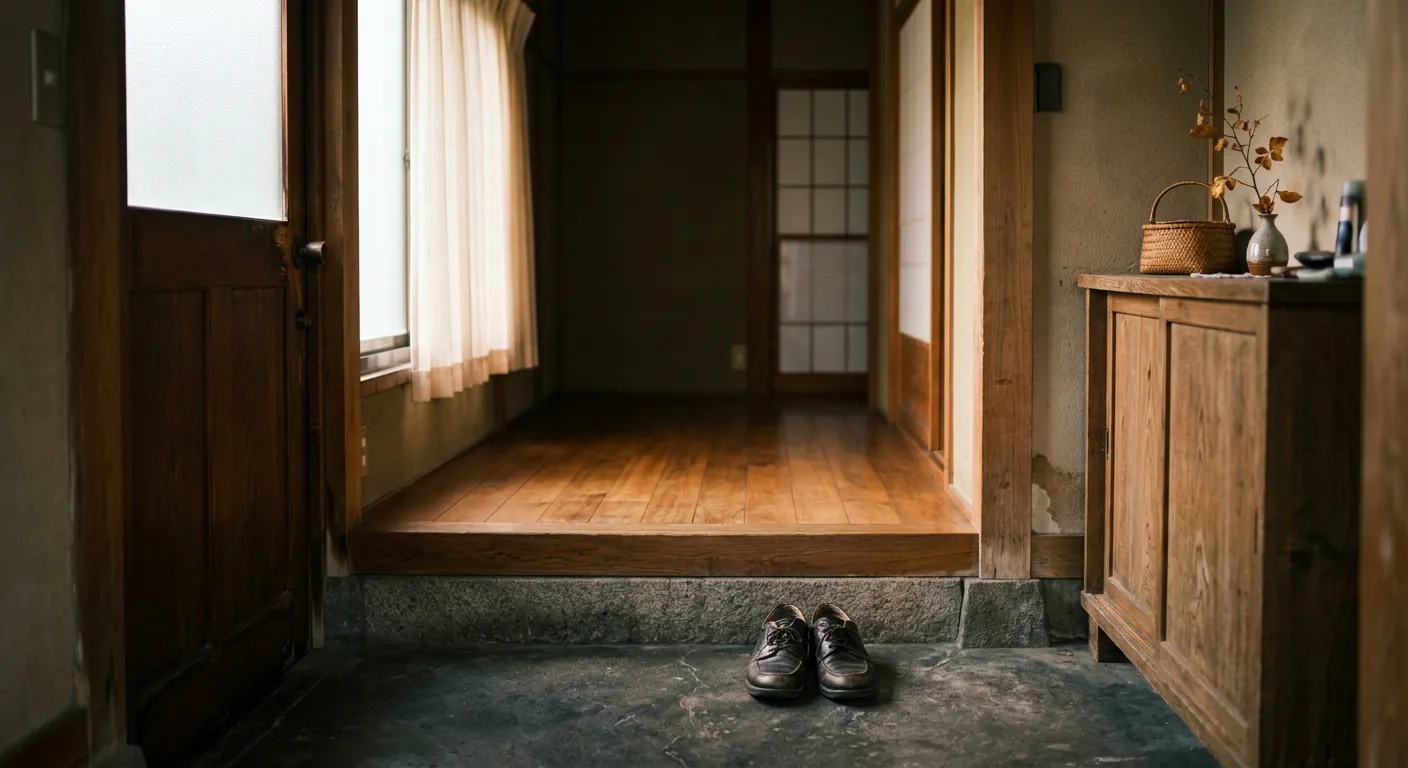 Un genkan vacio con unos zapatos, evocando con respeto la ausencia