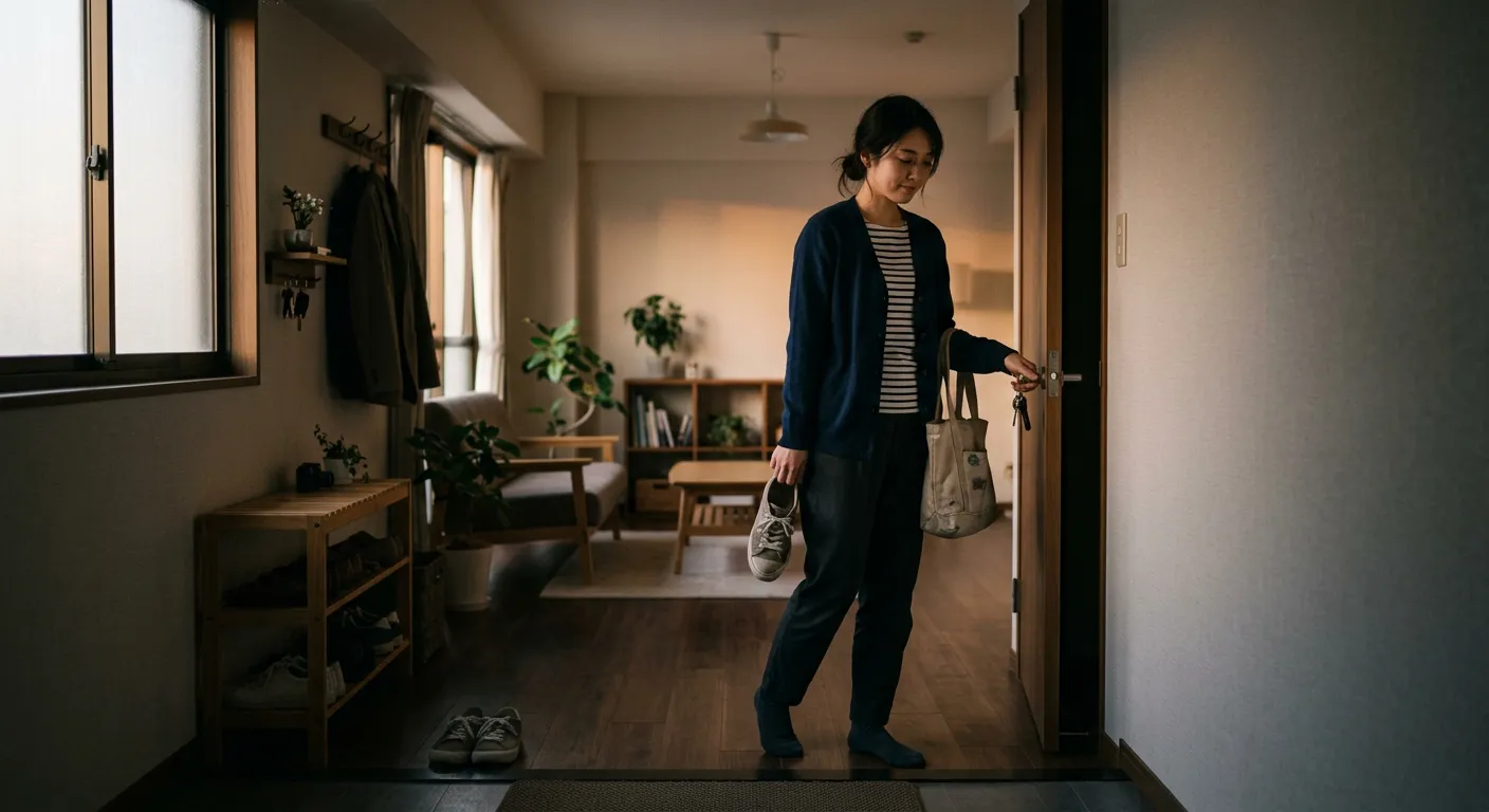 Una persona japonesa vuelve a un piso vacio y dice tadaima al silencio