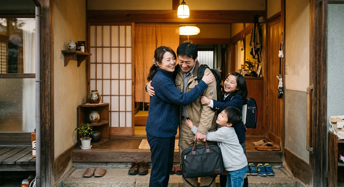 Una familia japonesa se reencuentra con alegria en la entrada de casa