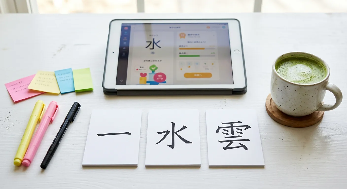 Tres papeles de caligrafía japonesa con caracteres kanji de complejidad creciente junto a un pincel y piedra de tinta