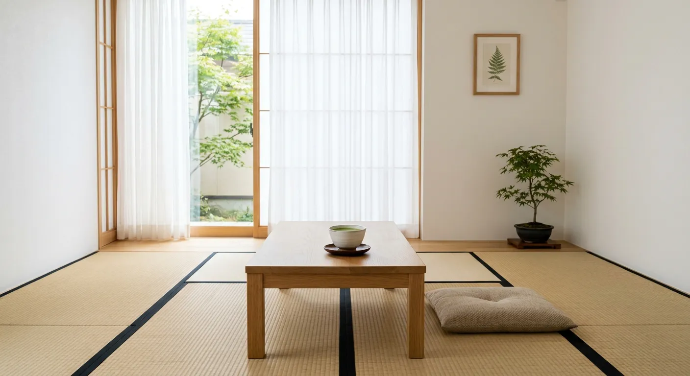 Habitación japonesa minimalista con tatami y una mesa baja con una taza de té, representando la simplicidad