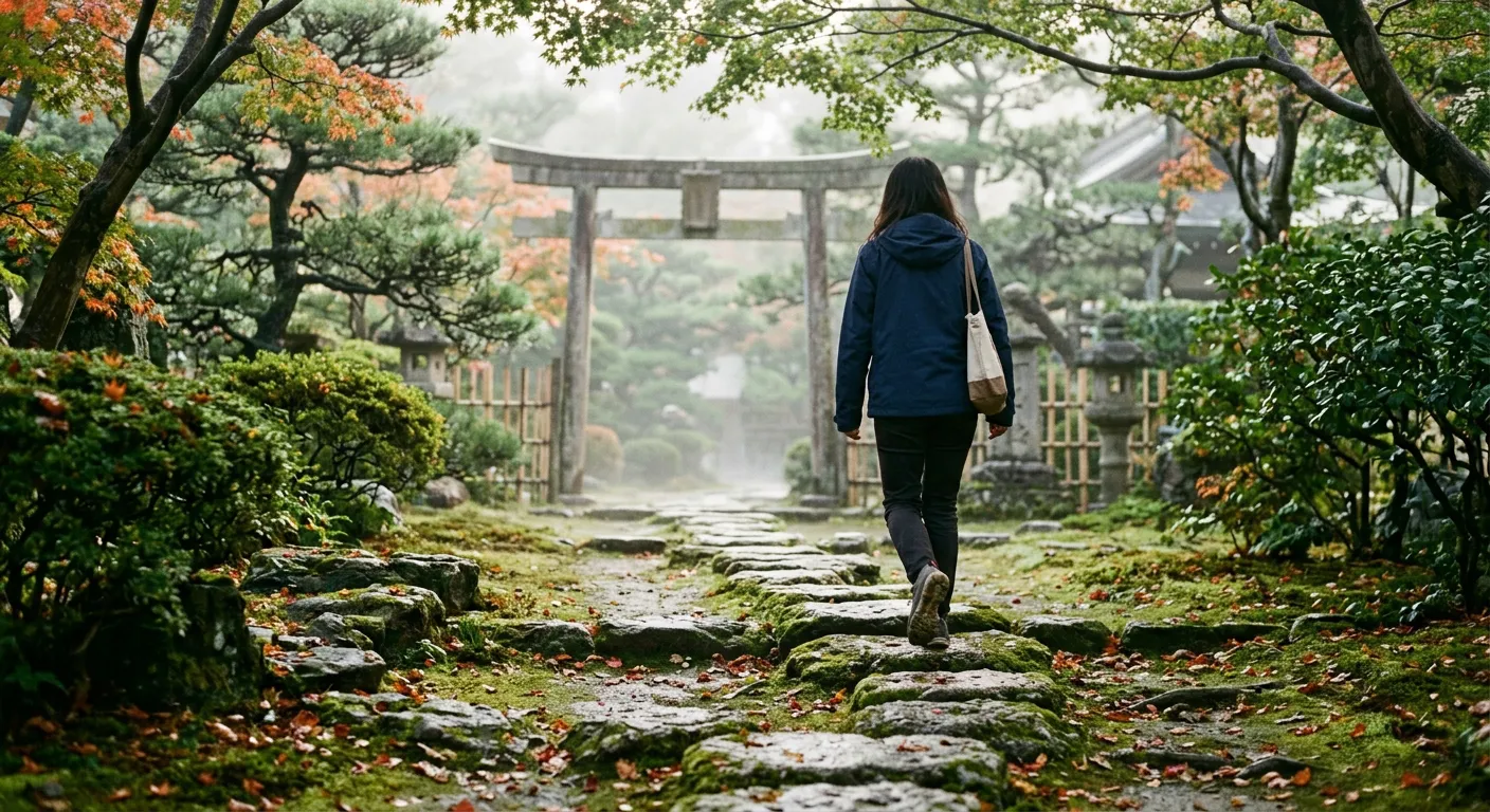 Persona caminando por un sendero de piedra en un jardín japonés que asciende hacia una puerta torii entre la niebla