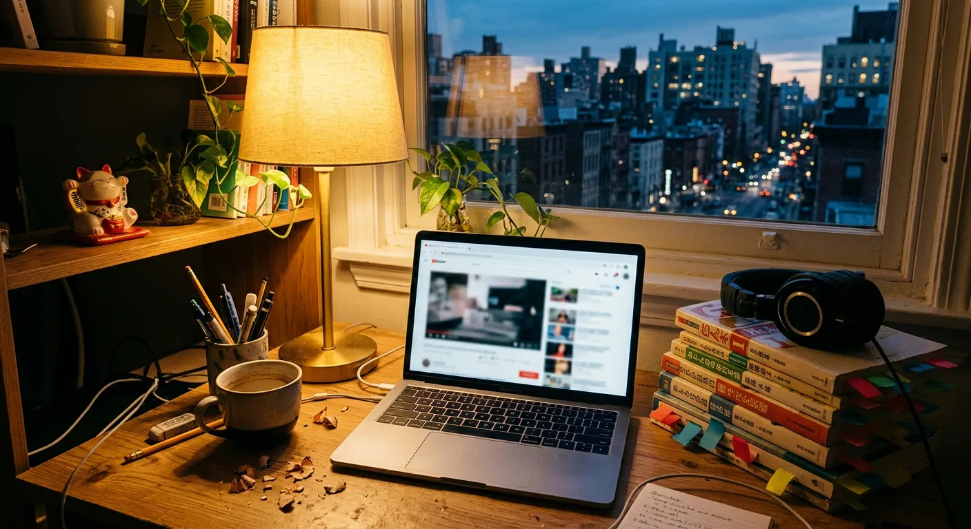 Espacio de estudio acogedor con laptop, libros de japonés y auriculares junto a una ventana al atardecer