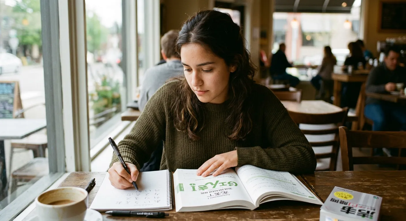 Joven latina o europea estudiando japonés en una cafetería con libros de texto y notas de hiragana