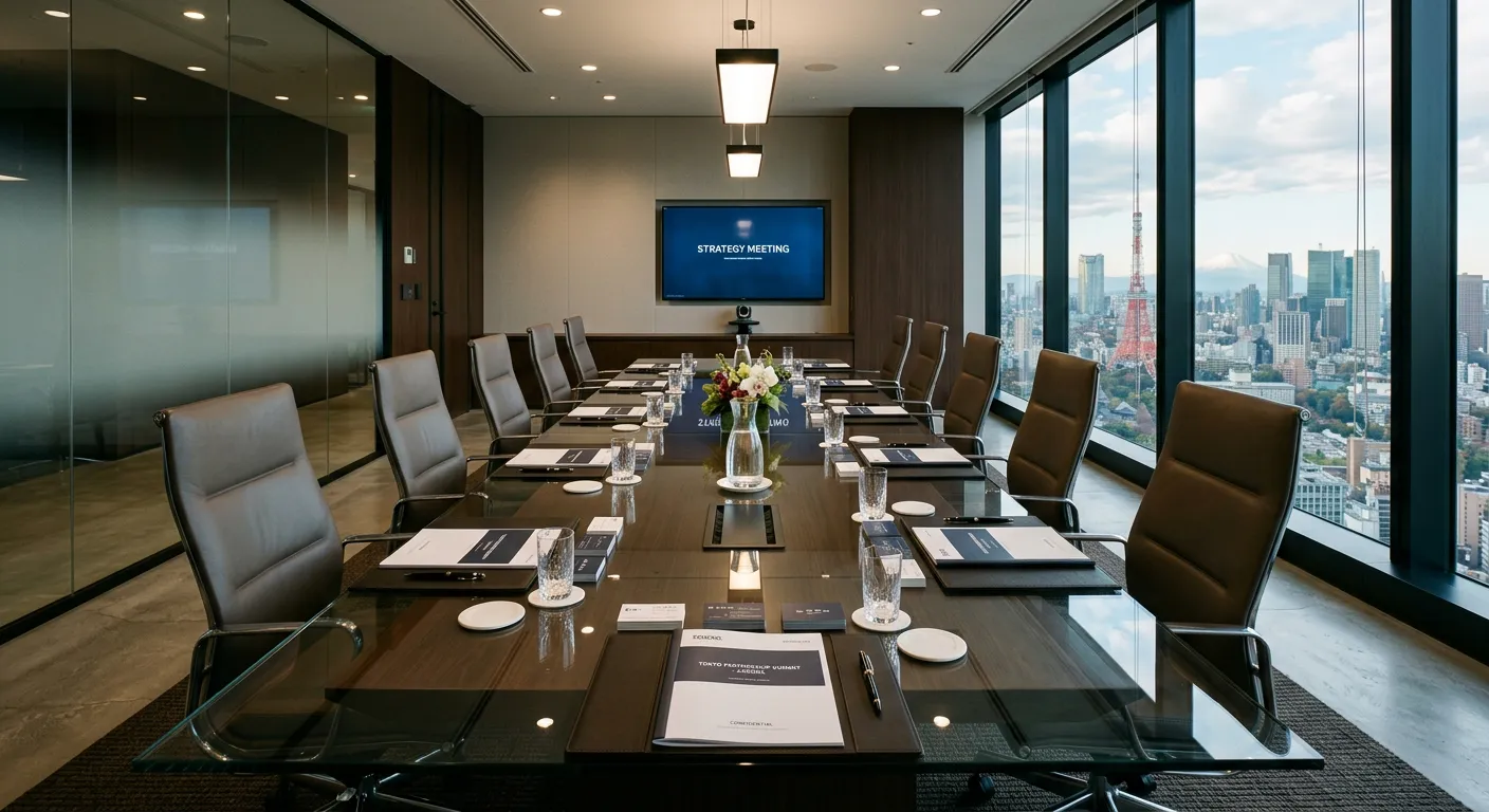 Sala de reuniones japonesa moderna con mesa de cristal, tarjetas y documentos preparados