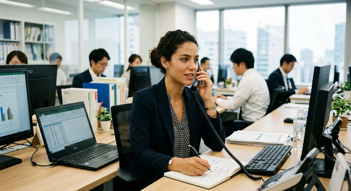 Joven castellana atendiendo el teléfono profesionalmente en oficina japonesa moderna