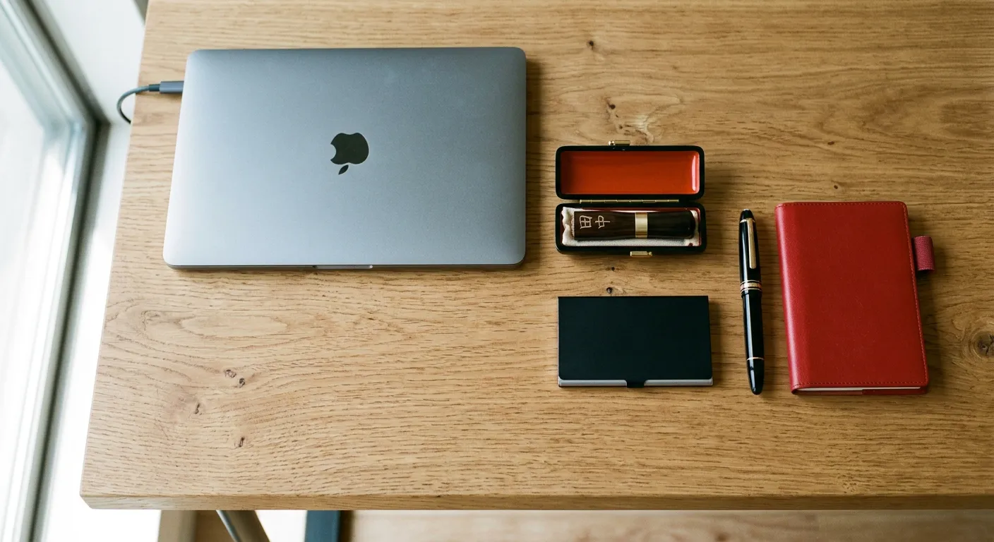 Vista cenital de escritorio con laptop, sello hanko, tarjetero meishi y pluma estilográfica