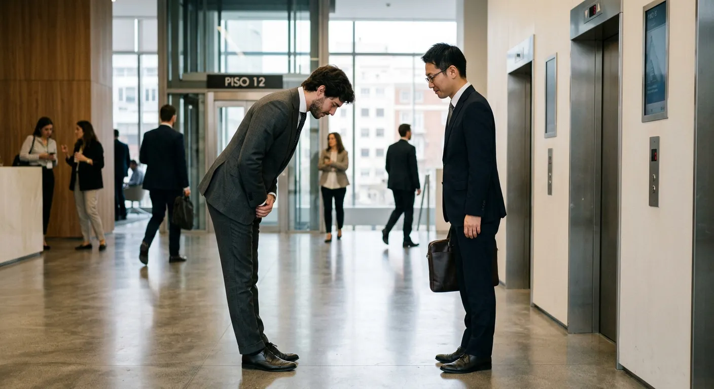 Joven castellano haciendo una reverencia profunda a colega japonés en hall de ascensores