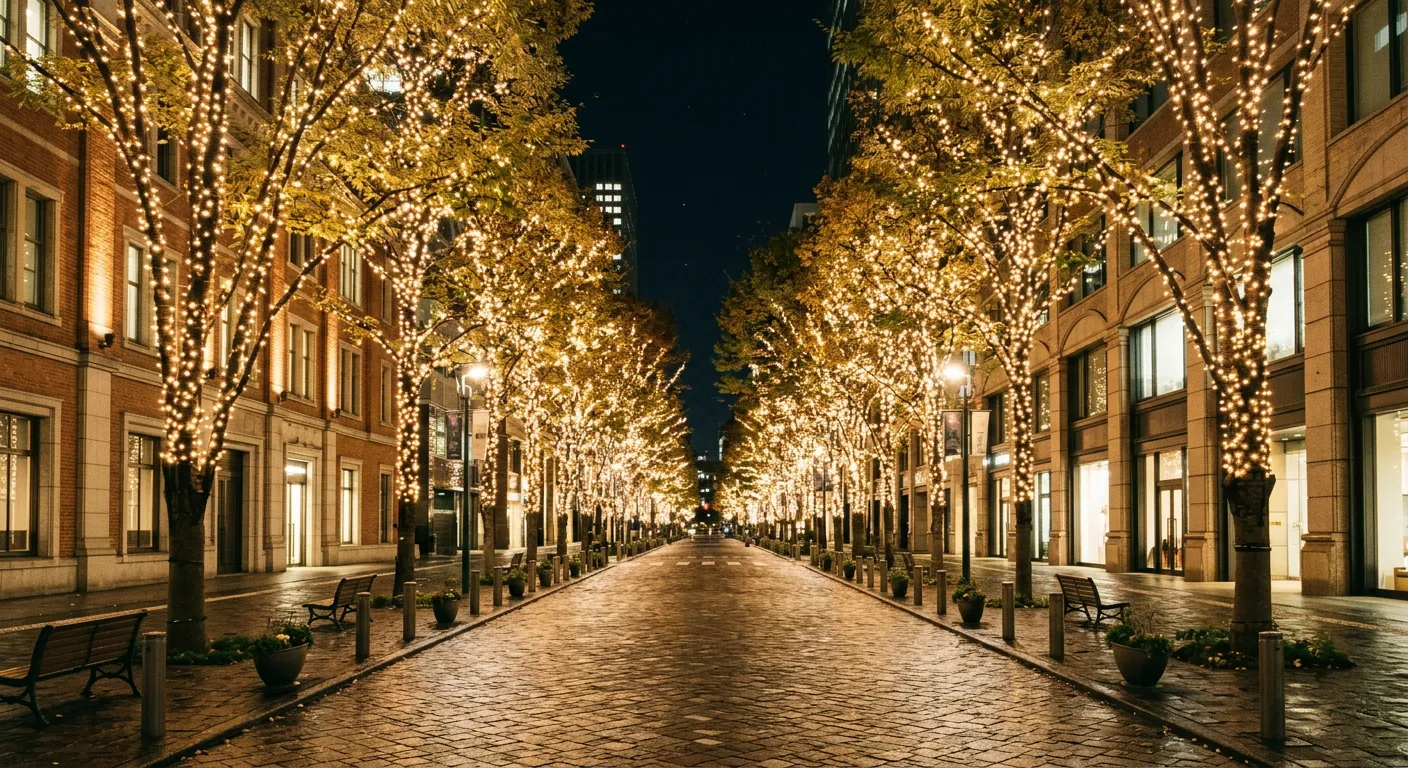 Distrito de Marunouchi de noche con iluminación elegante en el bulevar arbolado