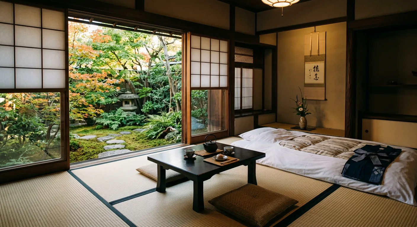 Habitación de ryokan japonés con tatami, futón y vista al jardín